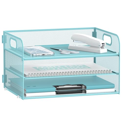 DALTACK 3 Tier Paper Organizer with Handle, Mesh Metal Desk Organizer with Sliding Paper Trays for Letter/A4 Paper, Mail, Bills & Folders, Blue - color: Blue