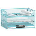 DALTACK 3 Tier Paper Organizer with Handle, Mesh Metal Desk Organizer with Sliding Paper Trays for Letter/A4 Paper, Mail, Bills & Folders, Blue - color: Blue
