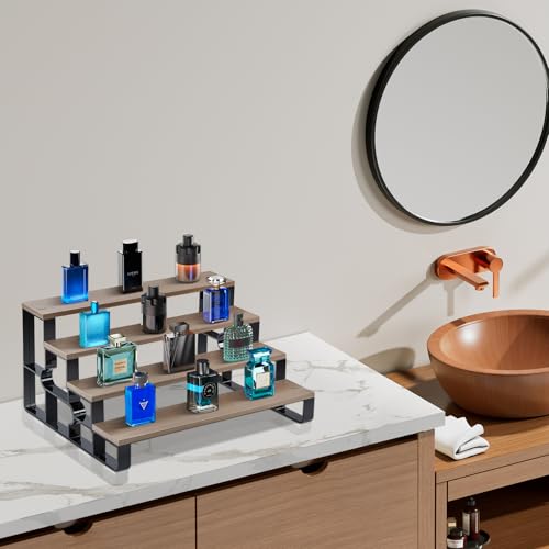 4 Tier Cologne Organizer for Men, Wooden Perfume Organizer Stand, Waterproof Display Shelf Rack for Dresser, Vanity, Figures, Cupcake, Dessert Table(Walnut,Width=11.2") - color: Walnut, size: 4 Tiers-width=11.2"