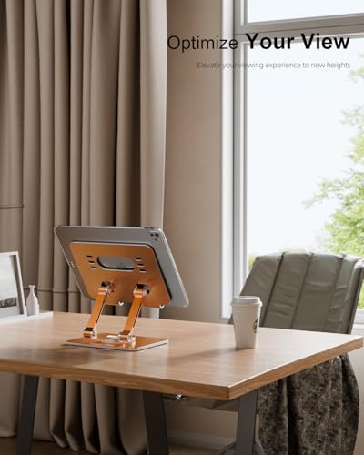 Orlian Tablet Stand Holder with Thickened 360°Rotating Base Dual Rod Adjustable Aluminum Stand for All 5.8-12.9” iPad Samsung Phone Tablet Kindle E-Reader and More, Champagne Gold - color: Champagne Gold