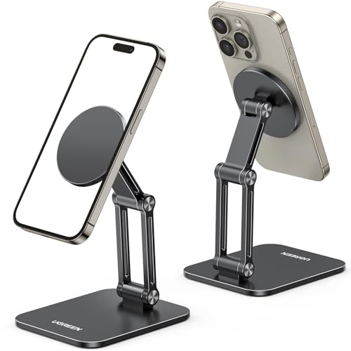 UGREEN Magnetic Phone Stand Compatible with MagSafe Holder for Desk Ergonomic Design Adjustable, Aluminum Cell Phone Stand Compatible for iPhone 17 Air 16 15 14 13 12 Pro Max and MagSafe Case, Black - color: Black