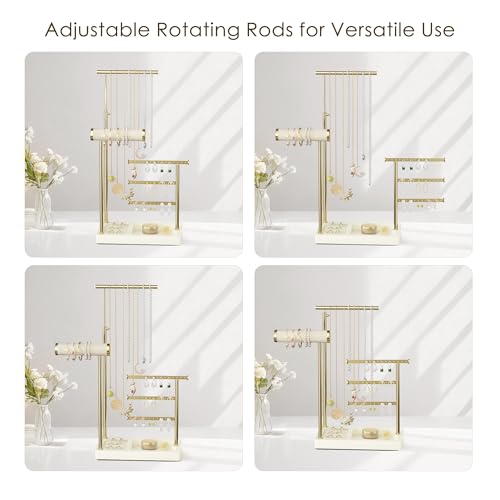 SZQINJI 5 Tier Jewelry Holder Organizer, Gold Jewelry Stand with Velvet Bracelet Holder, Adjustable Height Jewelry Display for Necklaces, Bracelets, Earrings, Rings, Gift Idea for Women, Beige - color: Beige