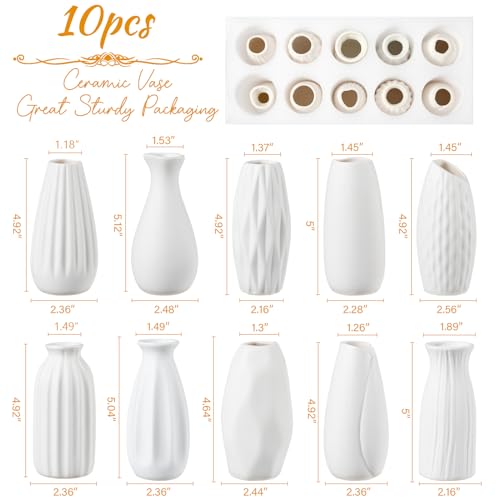 Small White Ceramic Vase Set of 10 - Mini Bud Vases for Flowers and Pampas Grass, Boho Centerpieces for Home and Party Decor, White Vases Home Decor, Ceramic Vase Set for Weddings - color: White-10pcs