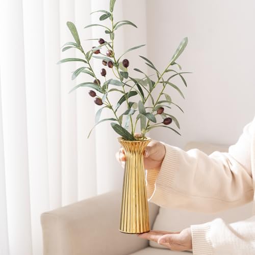 Gold Ceramic Vase for Home Decor, Small Ribbed Flower Vase for Pampas Grass, Modern Decorative Vase for Coffee Table, Shelf, Kitchen, Living Room, Bedroom & Elegant Centerpiece - color: Gold