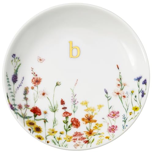 Crisky Initial Jewelry Tray Ring Dish & Gift Box, Ceramic Flower Trinket Dish for Rings Earrings Necklaces Keys, Bridal Shower Engagement Birthday Gift for Women, Friends 4.57" (Gold Foil B - style: Initial B