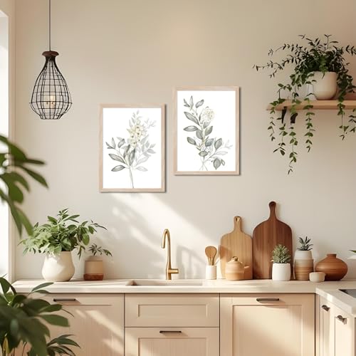 Framed Nature Botanical Wall Art Set of 2, White Floral with Green Eucalyptus Leaves Canvas Prints, Modern Minimalist Flower Painting Picture For Kitchen, Bedroom, Dining Room,Bathroom Decor, 16x20IN - color: White Floral Framed, size: 20"L x 16"W