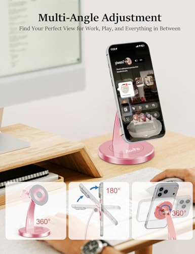Aoviho Magnetic Phone Stand for Desk – 360° Rotating Aluminum Phone Holder, Stable Desk Stand for Office, Home & Kitchen, Compatible with iPhone 17 Pro Max 16–12 Series and MagSafe Cases, Rose Gold - color: Rose Gold