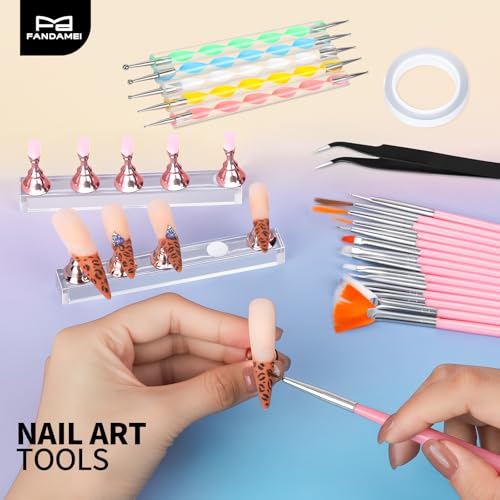 FANDAMEI Nail Art Tools, Nail Brush, 15 PCS Nail Art Brushes, 5 PCS Nail Dotting Tool, Nail Stand, Nail Holder For Painting Nails, Press On Nail Stand, Nail Tools, Nail Design Tools - color: Pink