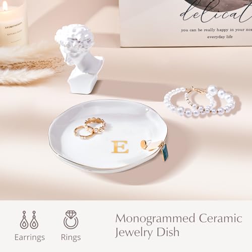ProCase Ceramic Jewelry Tray, Initial Ring Dish Trinket Plate Engagement Gift, Small Personalized Monogram Ring Bowl for Wedding, White Decorative Jewelry Holder for Women Vanity -Letter E - style: E