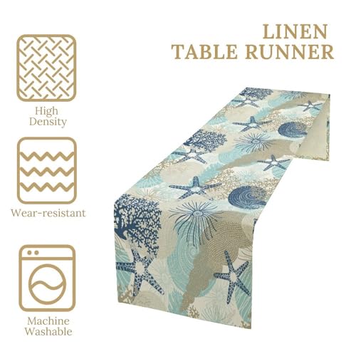 Nautical Coastal Table Runner，Ocean Themed Starfish Coral Conch Beach Kitchen Dinning Table Decoration for Indoor Outdoor Home Party Decor 13x36 Inch - color: Shell-2, size: W13x36L
