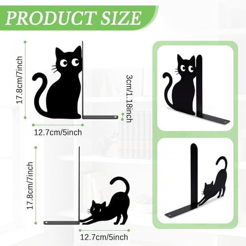 Sanwarm Metal Bookends Funny Cats Black Book Ends Decorative Bookend for Home Office Library Desk Book Shelves Decor, Gift for Reading Enthusiasts Non-Skid Book Stoppers Holder (1 Pair) - color: Black Cat 5