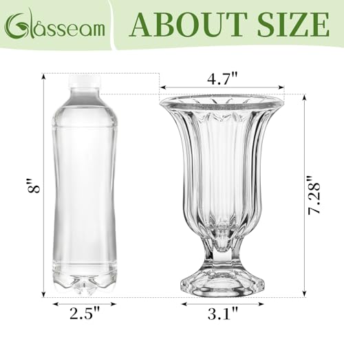 Glasseam Pedestal Glass Vase for Flowers, 7.5in Tall Compote Vase Set of 3, Crystal Clear Vases for Centerpieces, Ribbed Decorative Vases for Home Decor, Cute Footed Urn for Living Room Decorations - size: Large