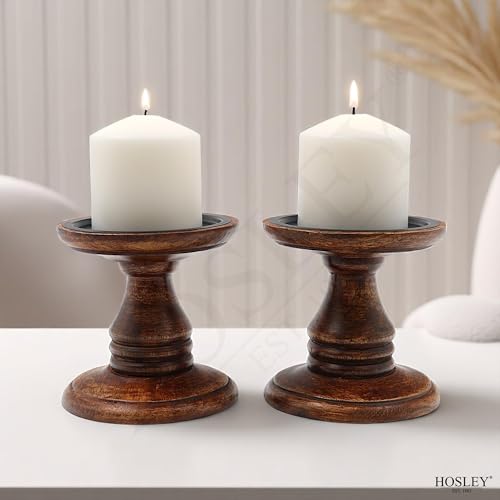 Hosley Set of 2 Brown Wood Pillar Candle Holders 5 Inch High Ideal Gift for Weddings Bridal Party Spa Reiki Meditation Votive LED Pillar Candle Gardens - color: Brown 3