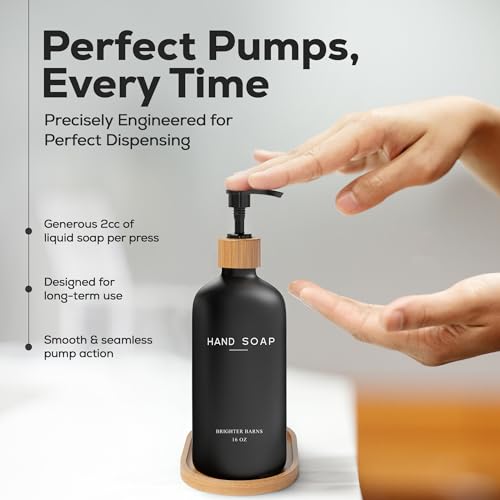 Black Glass Soap and Lotion Dispenser Set with Tray by Brighter Barns - Liquid Hand Soap Dispenser and Pump - Bamboo Bathroom Accessories & Modern Bathroom Decor (Black) - color: Black Sl