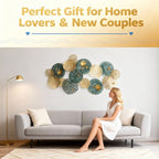 Large 3D Metal Wall Art, 50"L x 26"W Modern Blue & Gold Lotus Leaf Wall Sculpture, Luxury Coastal Home Decor for Living Room Bedroom, Elegant Gift for Housewarming Wedding Mother's Day for Homeowners