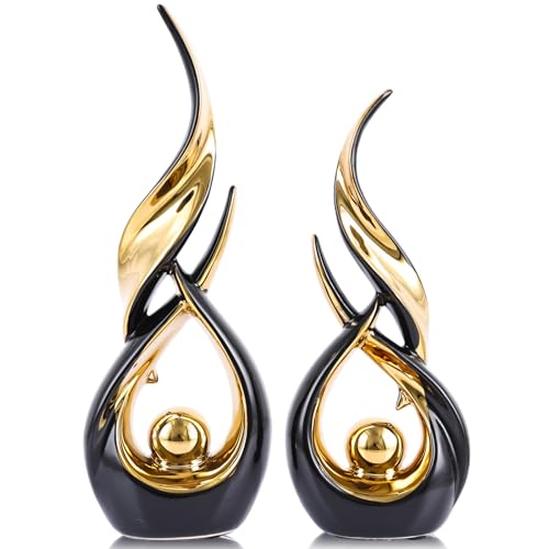 XMGZQ Gold Ceramic Abstract 2 Piece Statue Set,Mid Century Modern Abstract Art Home Decor Statue Mantelpiece on Unique Shelf Decor, TV Cabinet Divider Table top and Dining Table Centerpiece (Black) - color: Black