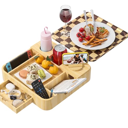 Couch Cup Holder, Checkered Couch Tray Cup Holder Sofa Tray, Large Capacity 2-Tier Wooden Trays with Drawer for Sofa, Bed, Picnic, Drinks, Remote, Cell Phone,TV Trays (Solid Pine Wood)12.5*12.5 in - color: Pine Wood + Checkered