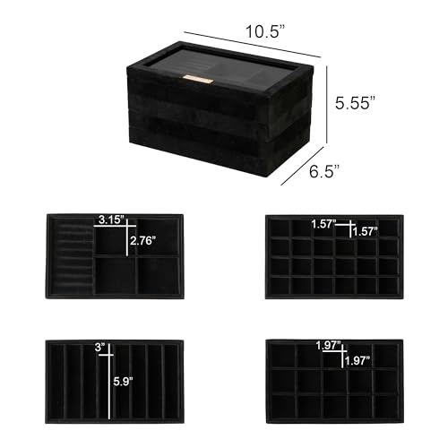 Frebeauty Stackable Jewelry Trays, Velvet Drawer Jewelry Organizer with Glass Lid,5 in 1 Multi-Functional Jewelry Storage for Earrings Necklaces Rings, 10.5 x 6.5 x 5.55 Inches Gift for Women(Black) - color: Black, size: Set5-A
