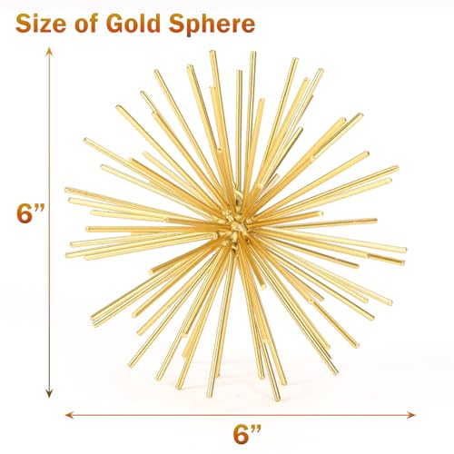 Metal Decorative Starburst Ball, 6 Inch Gold Sphere Decor, Spiky Star Burst Tabletop Sculpture, Mid-Century Modern Metal Spike Ball for Home, Living Room, Office & Shelf Decor - color: Gold-starburst-6"