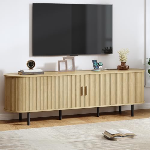 70.8" TV Stand with Power Outlet, Mid-Century Modern Television Stand, Fluted Media Console with Sliding Doors, Entertainment Center for TVs up to 60 Inch, Adjustable Shelves, Oak - color: Oak, size: 70.8 Inch