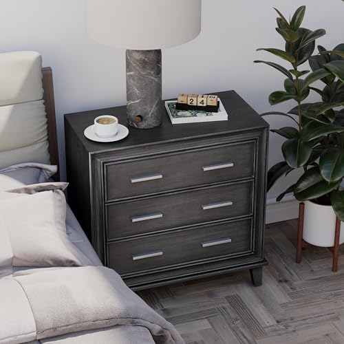 LONYKE Modern Nightstand 3 Drawer Wood Dresser with Metal Handles, Accent Bedside Table Storage Organizer, Vintage Mid-Century Table with Dark Finish, Black