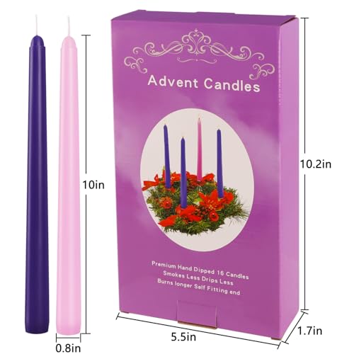 YOROXRG 16 Pack Advent Taper Candles Premium Hand Dipped 10in Unscented Christmas Taper Candles - Ideal for Seasonal Celebrations, Holidays, Church, Celebration, Party - color: Purple/Pink-Advent 16