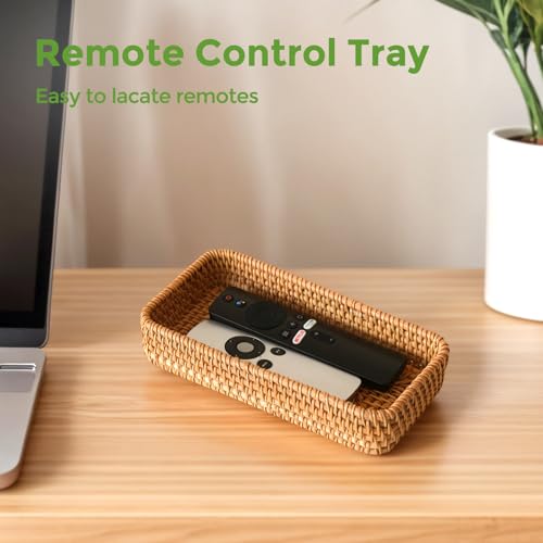 Small Rattan Serving Tray, Natural Wicker Decorative Tray Handwoven for Keys Trinkets Rings Cosmetics, Decorative Jewelry Perfume Tray for Coffee Table Entryway Living Room(8.2" × 4.3") - style: XS (8.2" × 4.3")