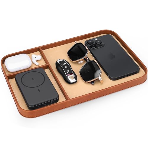 SENEN Leather Tray, Stylish and Organized Multifunctional Tray, for Table Entryway, Premium PU Leather, Catchall Tray for Keys, Watch, Wallet, Jewelry, and More (Brown Frame) - color: Brown Frame