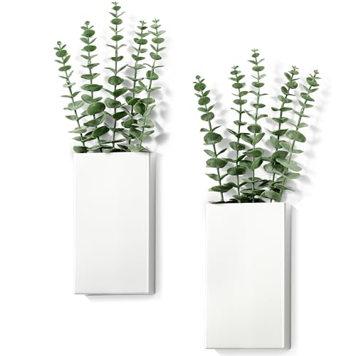 2 Pack Metal Wall Planter Vases Decor with Artificial Eucalyptus, Modern Farmhouse Rustic Hanging Pocket Planters for Indoor Greenery and Flowers, Living Room Bedroom Kitchen Decoration, White - color: White