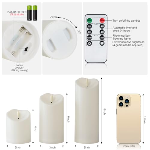 Raycare 3"x4"6" 8" Outdoor Waterproof Flameless Candles, Battery Operated LED Candles with Remote Control and Timer, Electric Fake Plastic Pillar Candles, Ivory White, Set of 3 - color: D3"xH4"6"8"-Ivory White