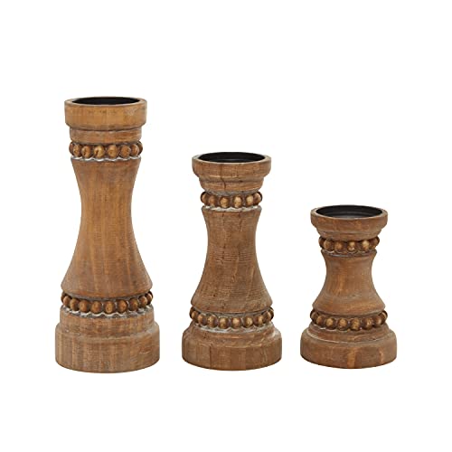 Deco 79 Wood Beaded Pillar Candle Holder, Set of 3 12", 9", 7"H, Brown - color: Brown, size: S/3 12", 9", 7"H