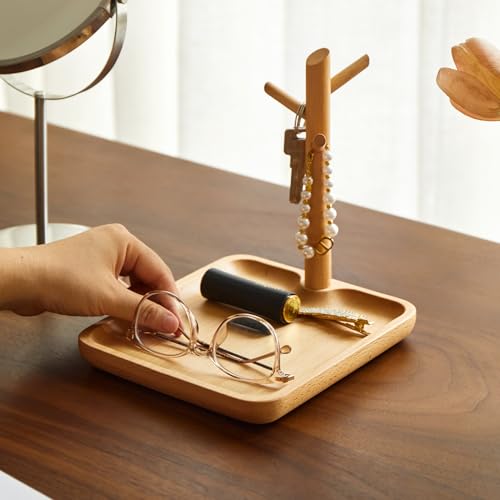 Solid Beech Wood Key Tray and Bowl for Entryway Table - Smooth Polished Branch-Shaped Organizer With Hooks for Keys, Wallet, Jewelry, Glasses (Beech, Square) - color: Beech, size: Square