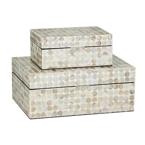 Deco 79 Mother of Pearl Shell Geometric Handmade Decorative Box Decorative Keepsake Boxes with Hinged Lid, Set of 2 Storage Boxes 12", 8"W, Cream - color: Beige, size: 12", 8"W