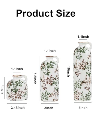 3-Piece Ceramic Jug Vase Set with Handles – Vintage Green Floral Crackle Glaze Decorative Vases for Home, Farmhouse Living Room, Shelf & Table Decor - color: Green & Brown02