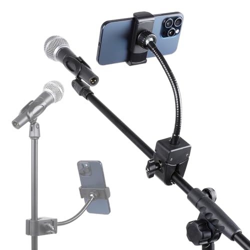 Mic Stand Phone Holder, Flexible Phone Mount with 7.9" Removable Gooseneck for Microphone Music Stand, 360°Adjustable Phone Holder for iPhone 16 Pro Max, 15 Plus, All Smartphones