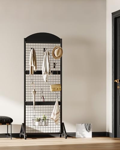 CHOEZON Grid Wall Panel 5.7’ x 2’ FT Grid Display Rack, Movable Gridwall Display Stand with Wheels, Sturdy Floorstanding Wire Grid Rack with 4 S-Shaped Hooks and 4 Garment Hooks, Black TCJ17BB - color: Black