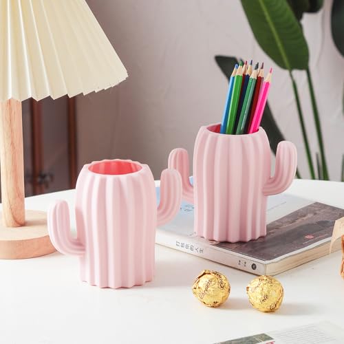 Silicone Pen Holder Cactus Pencil Holder Cute Pens Cup for Desk for Kids Office Decor Desk Accessories Makeup Brush Holder(Pink) - color: Pink