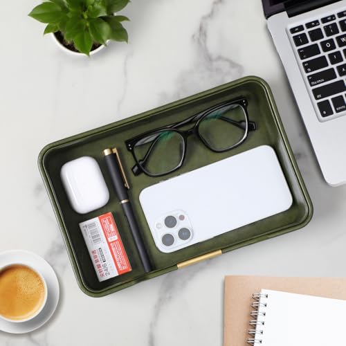 10.2" x 6.7" Nightstand Organizer Tray with Gold Accent, Decorative Valet Trays Cologne Organizer for Men, Key Bowl Perfume Trinket Tray for Dresser Bedside Entryway Table (Olive Green) - color: Olive Green