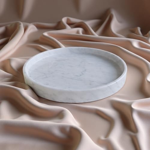 Carrara White Marble Tray Round 10 Inch, Natural Stone Perfume & Dessert Tray, Elegant Serving & Display Plate for Home, Vanity, 2 cm Deep, Non-Slip Base - color: White Carrara
