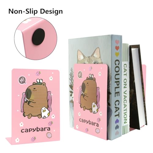 Capybara Bookends Pink, L-Shaped Cute Animal Bookend Holder for Shelves, Kawaii Desk Decor for Kids Room, Girls Bedroom, Office and School Supplies (1 Pair)
