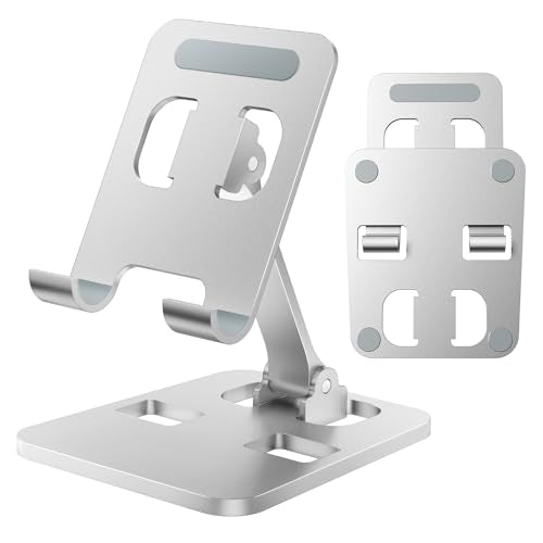 Phone Stand for Desk, Dual Folding Cell Phone Holder, Fully Adjustable Portable Mobile Phone Holder for iPhone 17 16 15 14 13 12 11 Pro Max Plus Air, Galaxy S25 S24, All Phones (Silver) - color: Silver