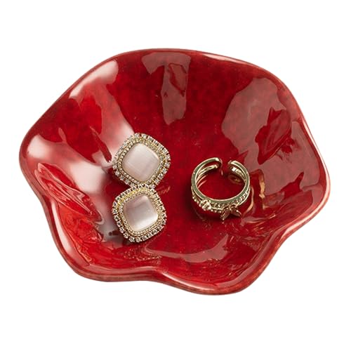 Ceramic Ring Dish, Jewelry Dish Holder, Small Trinket Tray Plate for Earrings Rings Necklaces Keys, Gift for Mom Friend Sister on Birthday Mother's Day Christmas (Red Surface) - color: Red Surface