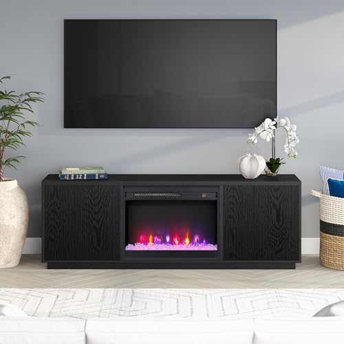 Henn&Hart Fluted TV Stand for TVs up to 75" with 26" Electric Crystal Rocks Fireplace and Ribbed Side Storage Cabinets for Living Room, Family Room, or Office, Natural Black - color: Natural Black, size: 70" TV Stand with Fireplace