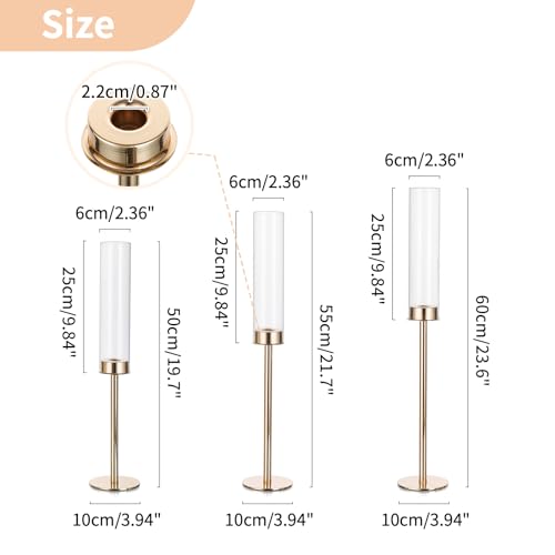 NUPTIO Hurricane Glass Candle Holders: Set of 6 Tall Gold Metal Candlestick Holder with Chimney Tube Brass Tiered Taper Candles Stands for Christmas Holiday Party Decoration 23.6 & 21.7 & 19.7 in - size: 23.6 & 21.7 & 19.7 in