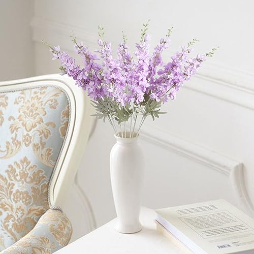 8PCS Purple Delphinium Artificial Flowers 33.5in Long Stem Larkspur Fake Silk Flowers for Tall Vase Faux Flowers for Home Wedding Baby Shower Floral Arrangement Centerpiece Table Decor (Purple) - color: Purple