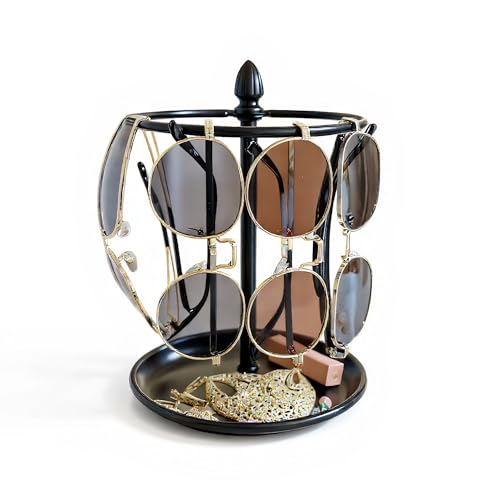 Sunglasses Stand with Jewelry Tray Base, 12 Pairs Eyeglass Holder Rack, Glasses Organizer for Entryway Bedroom Dresser, Countertop Sunglasses Display for Home Decor (Metal+Black) - color: Metal+Black