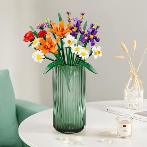 Emerald Green Glass Vase 11 Inch Tall Flower Vase for Bouquet, Dining Table Center Entryway, Vintage Decorative Ribbed Cylinder Vase for Centerpieces, Home Decor, Living Room, Office, Wedding - color: Green, size: Large - 11''H