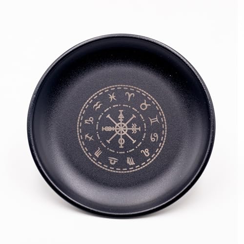 5.5inch Altar Ritual Plate Dish Stainless Steel Flat Bowl Round Metal Jewelry Tray Astrology Tarot Plate Ring Trinket Holder for Smudging Decoration Trays (Zodiac Black) - color: Zodiac Black