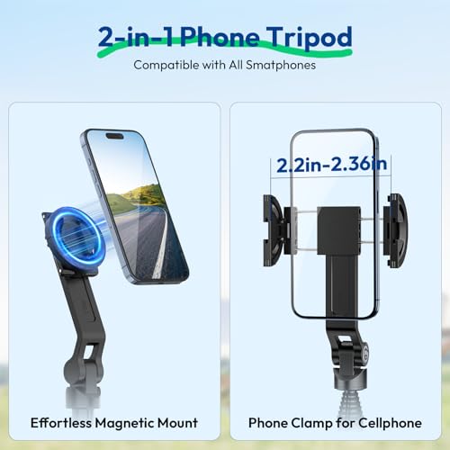 ULANZI TT88 Magnetic Tripod for iPhone 17, 57" Extendable Selfie Stick w Remote, 2-in-1 Phone Clip & Dual Cold Shoe Mounts-Lightweight Phone Tripod Stand for Vlogging, Travel, Video Recording, Black - color: Black