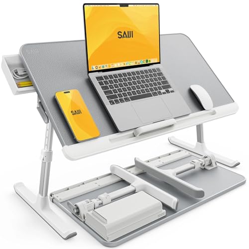 SAIJI Laptop Bed Tray Table - 23.6" x 13" Adjustable Portable Standing Desk with Storage Drawer, Foldable Lap Desk Fits 17" Laptop, PVC Leather for Couch Sofa (Gray) - color: Gray